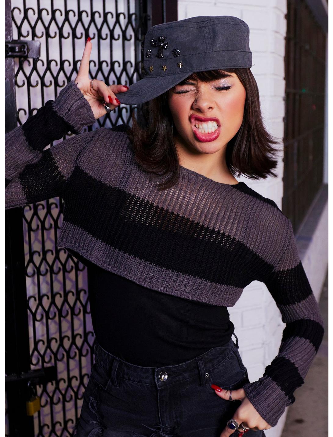 Social Collision® Black & Grey Stripe Girls Crop Knit Sweater, GREY, hi-res