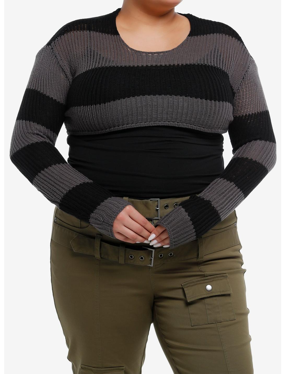 Social Collision® Black & Grey Stripe Girls Crop Knit Sweater Plus Size, GREY, hi-res