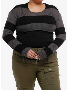 Social Collision® Black & Grey Stripe Girls Crop Knit Sweater Plus Size, , hi-res