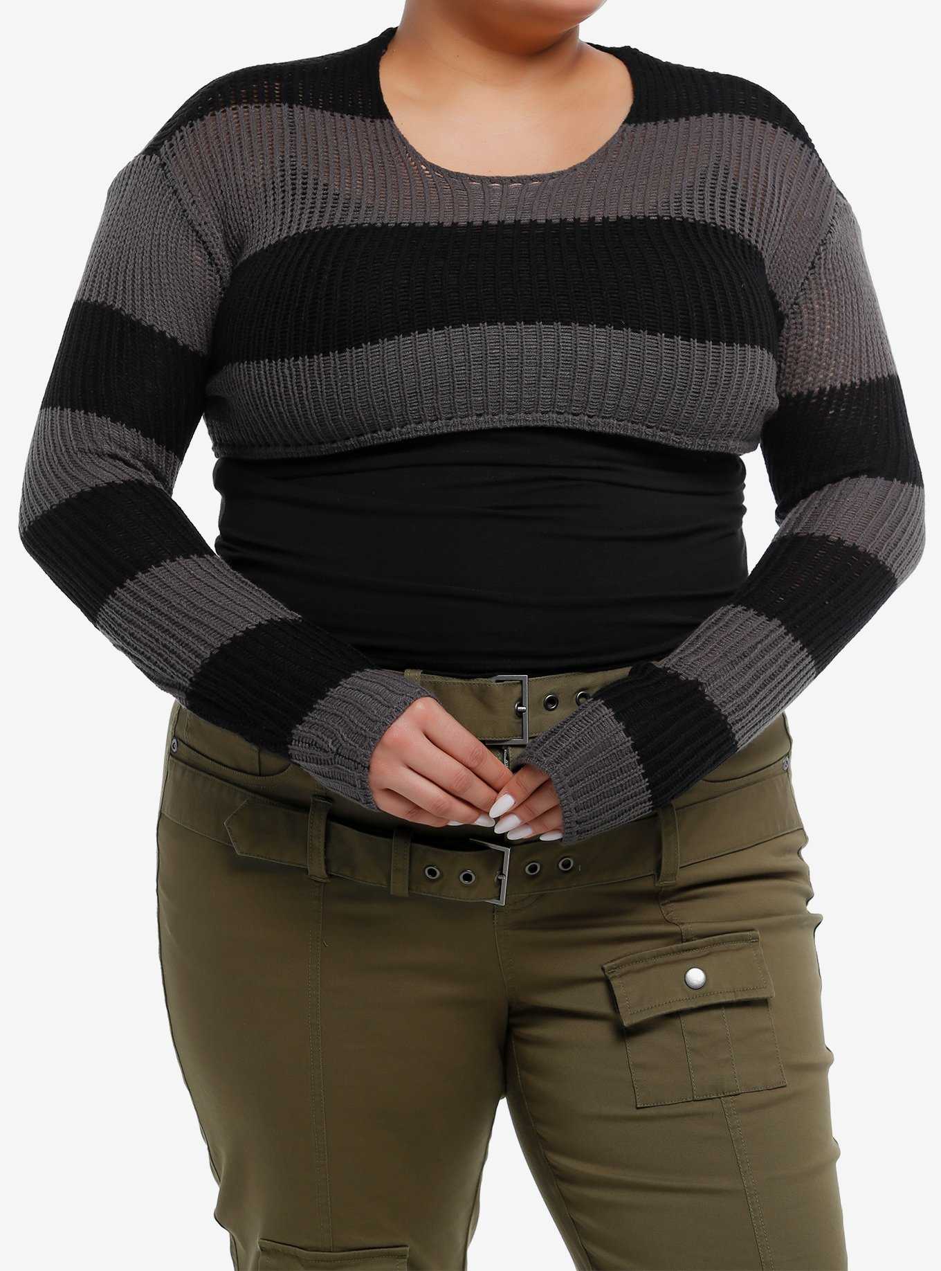 Social Collision® Black & Grey Stripe Girls Crop Knit Sweater Plus Size, , hi-res