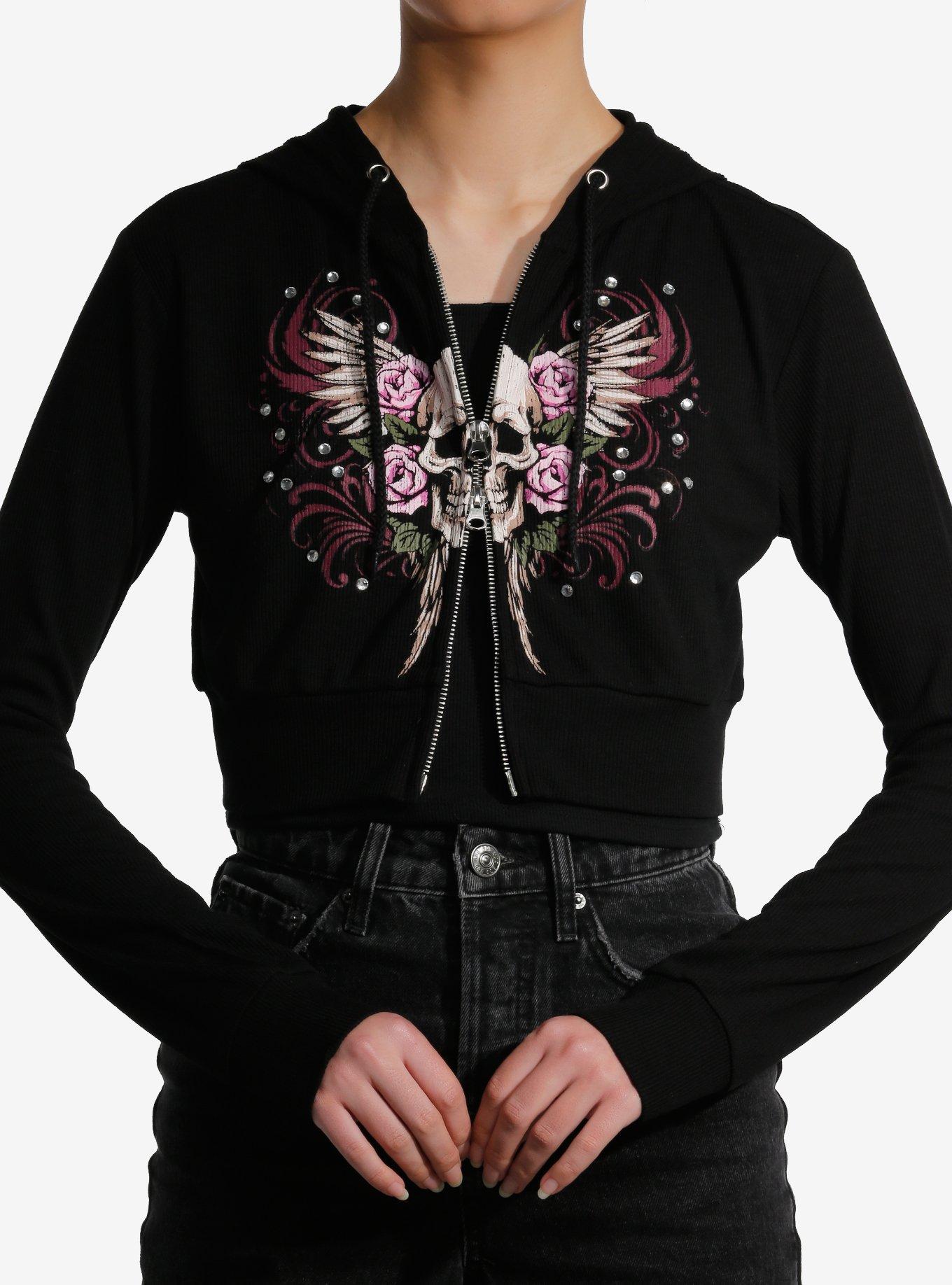 Social Collision® Skull & Roses Rhinestone Girls Crop Hoodie