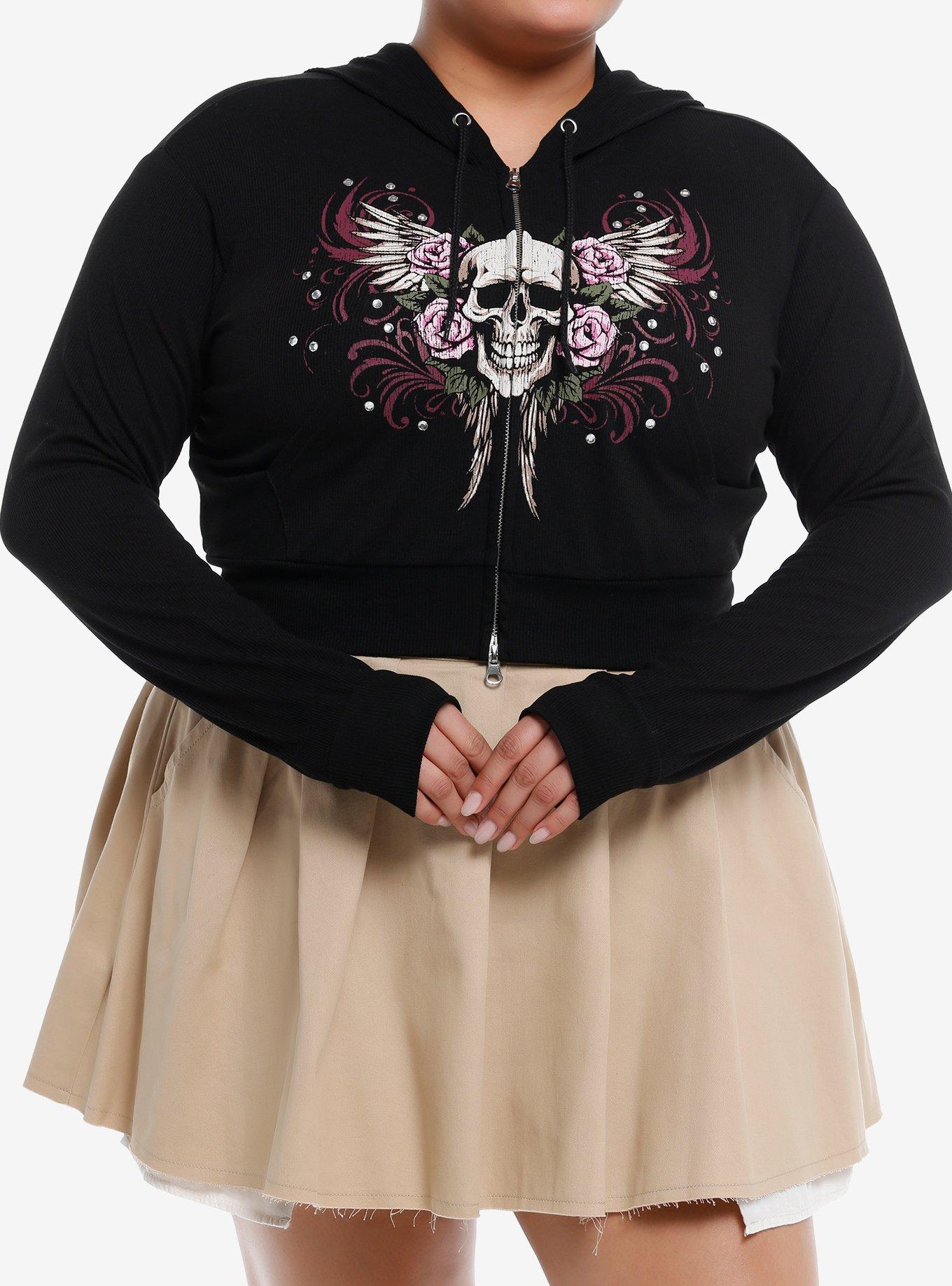 Social Collision® Skull & Roses Rhinestone Crop Girls Hoodie Plus Size, , hi-res