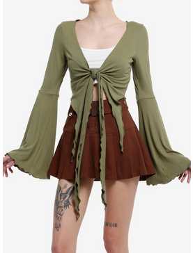 Thorn & Fable Green Tie-Front Girls Bell-Sleeve Crop Top, , hi-res