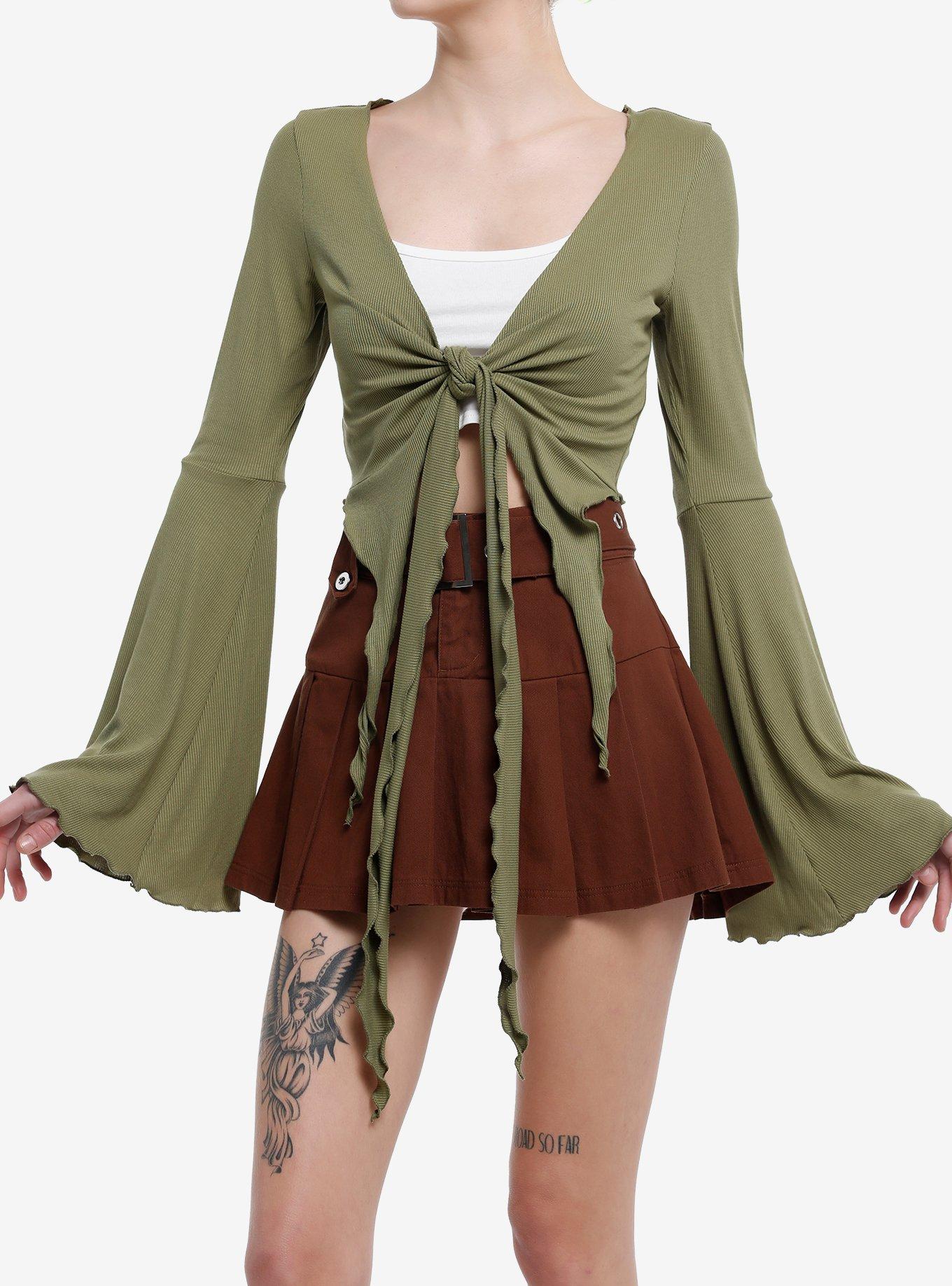 Thorn & Fable Green Tie-Front Girls Bell Sleeve Crop Top, , hi-res