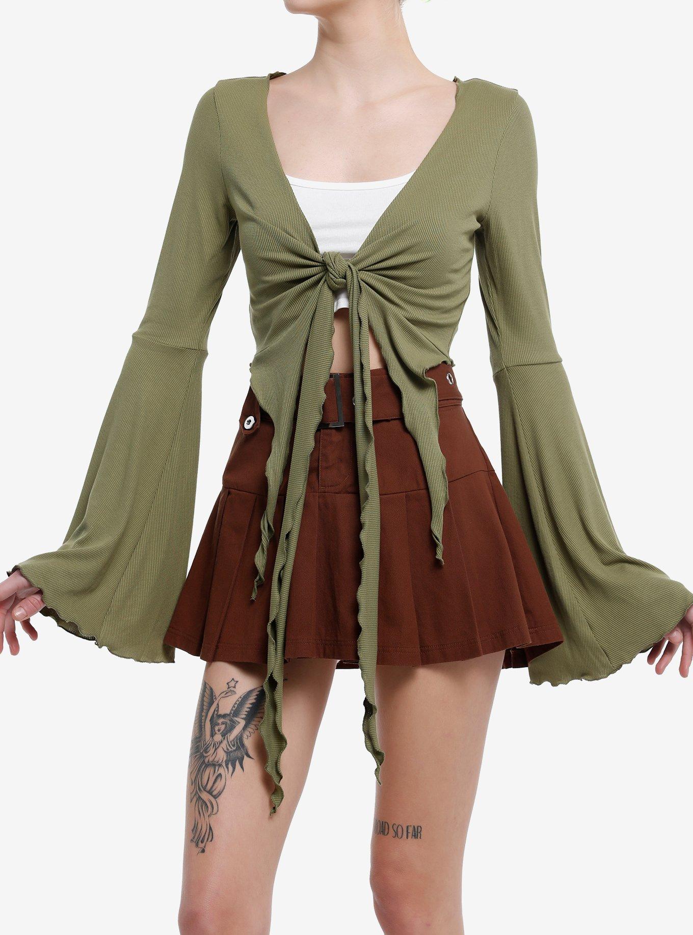 Hot Topic Thorn & Fable Green Lace Ruched Girls Crop Long-Sleeve Top