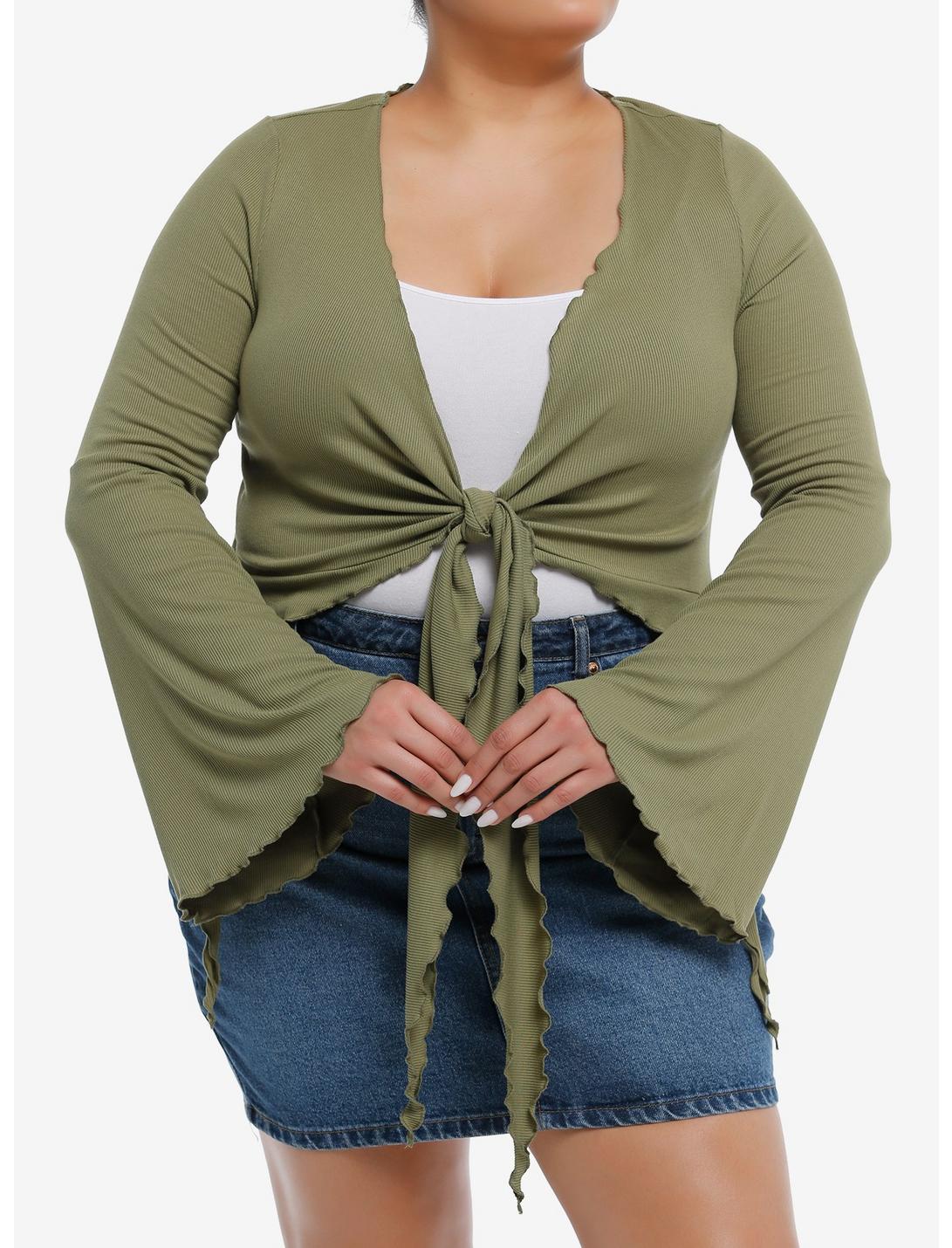 Thorn & Fable Green Tie-Front Girls Bell-Sleeve Crop Top Plus Size, OLIVE, hi-res