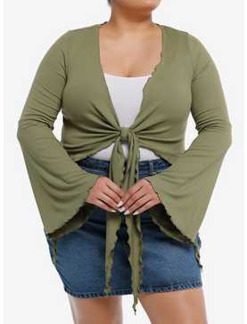 Thorn & Fable Green Tie-Front Girls Bell-Sleeve Crop Top Plus Size, , hi-res