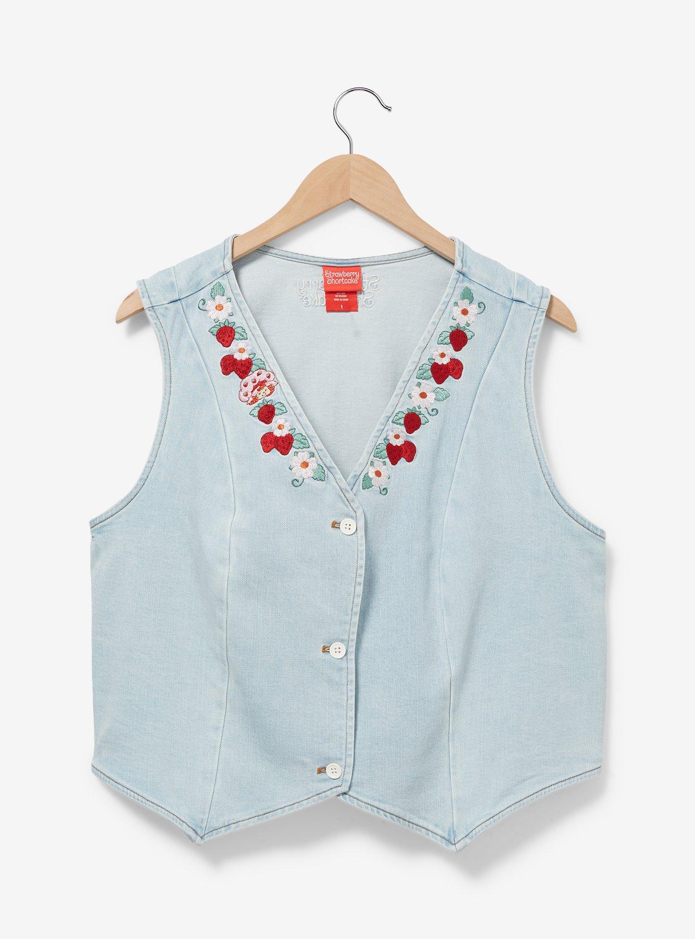 Strawberry Shortcake Floral Strawberry Women's Plus Size Denim Vest - BoxLunch Exclusive, LIGHT BLUE, hi-res