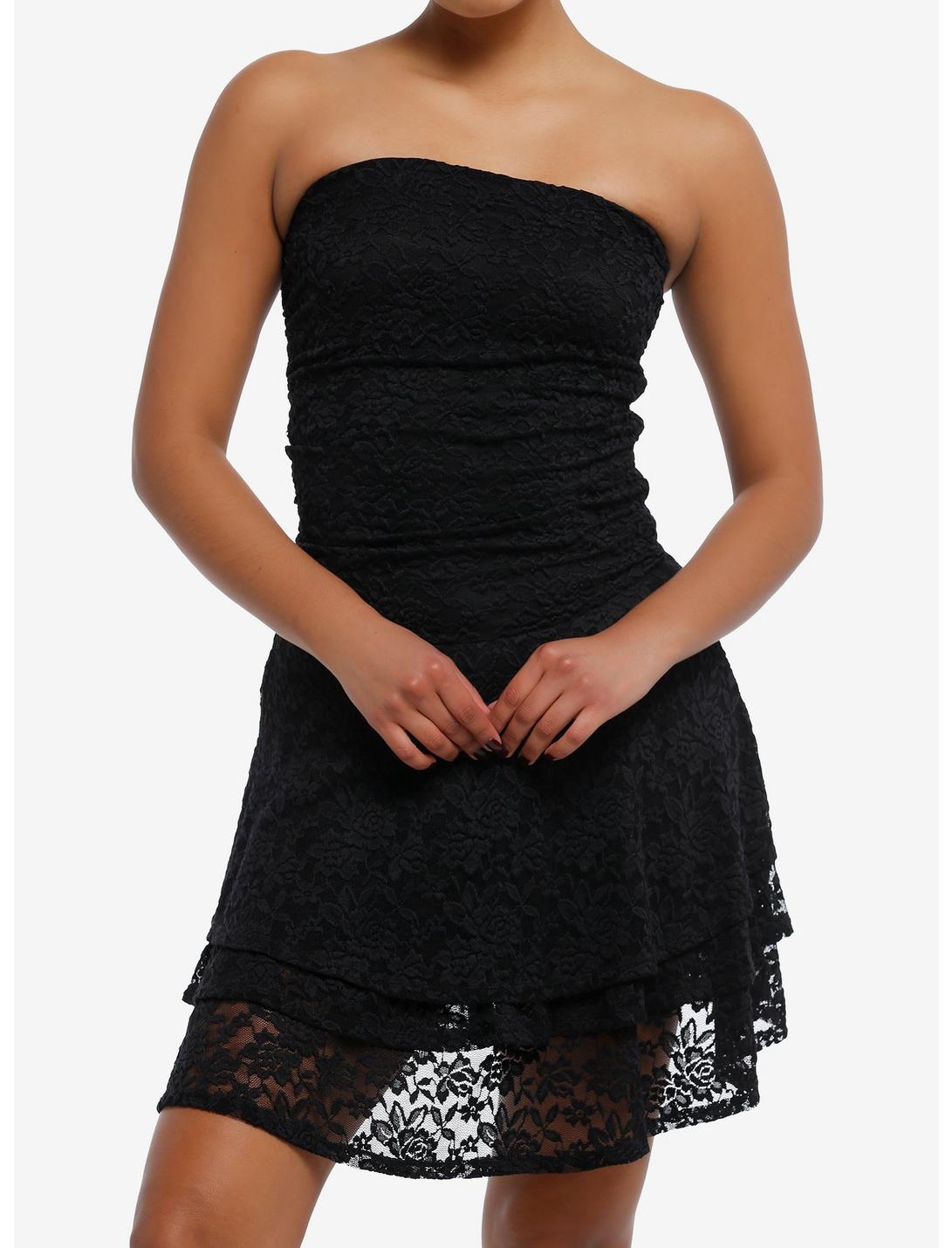 Black Lace Tiered Strapless Dress, BLACK, hi-res