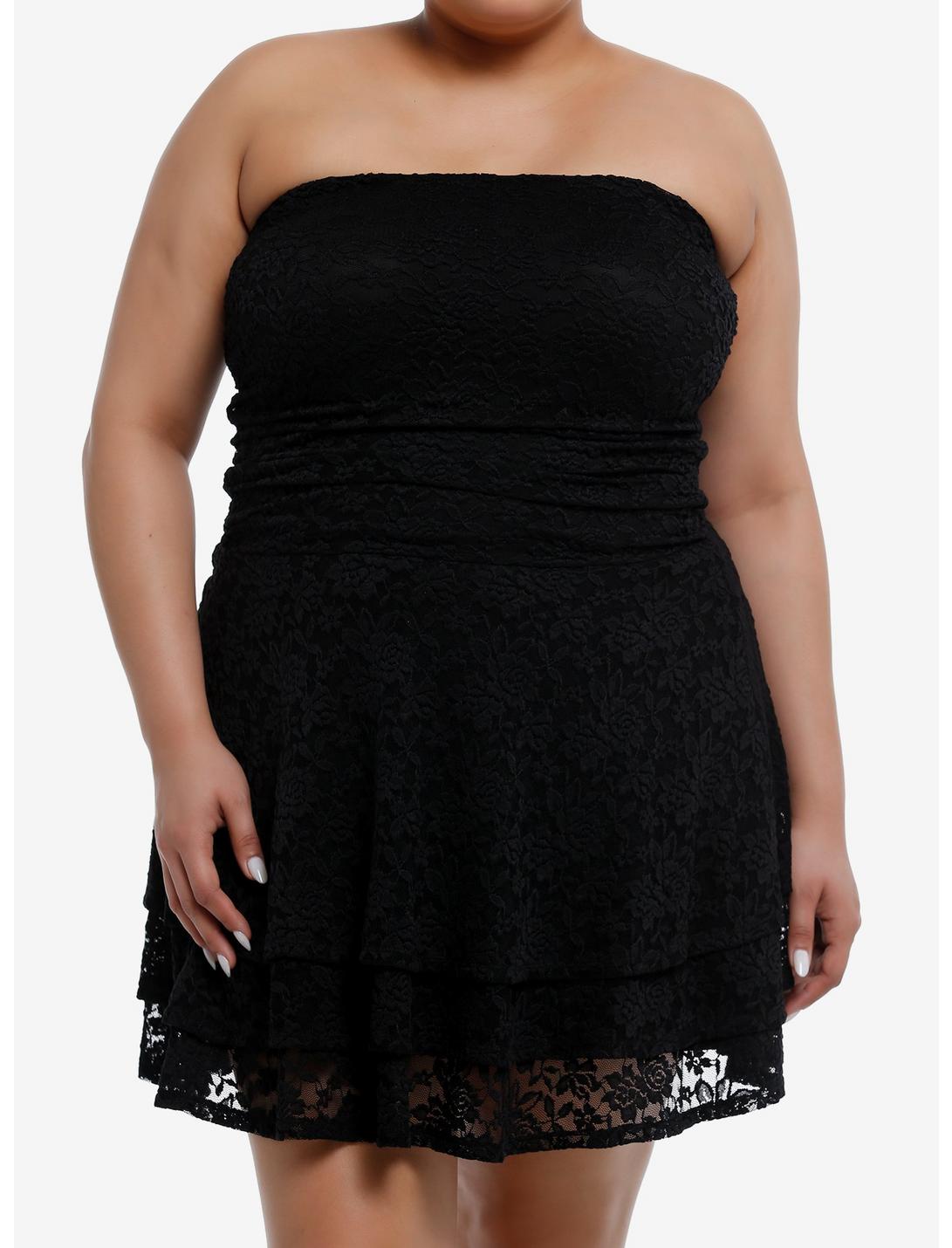 Black Lace Tiered Strapless Dress Plus Size, BLACK, hi-res