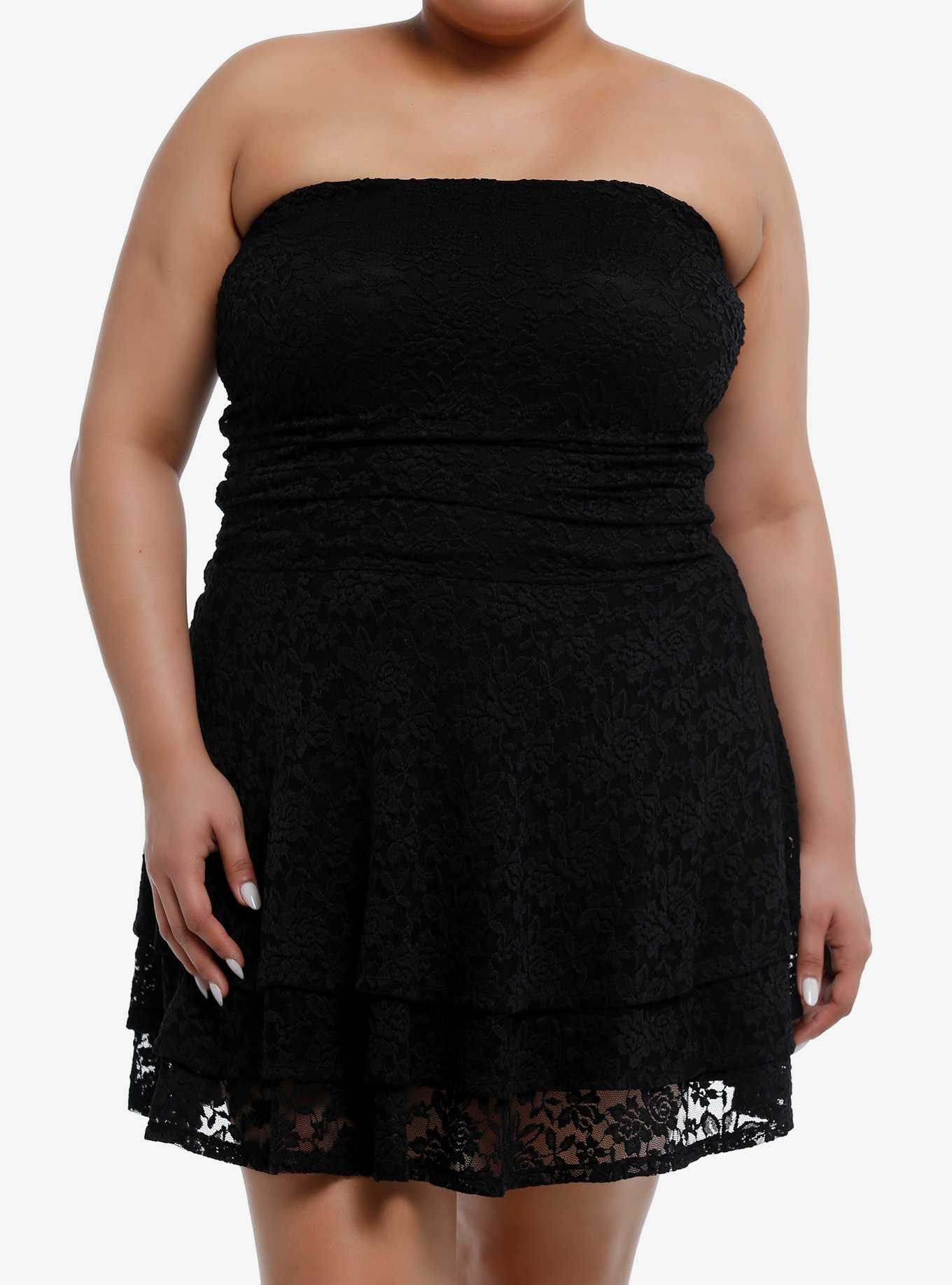 Black Lace Tiered Strapless Dress Plus Size, , hi-res