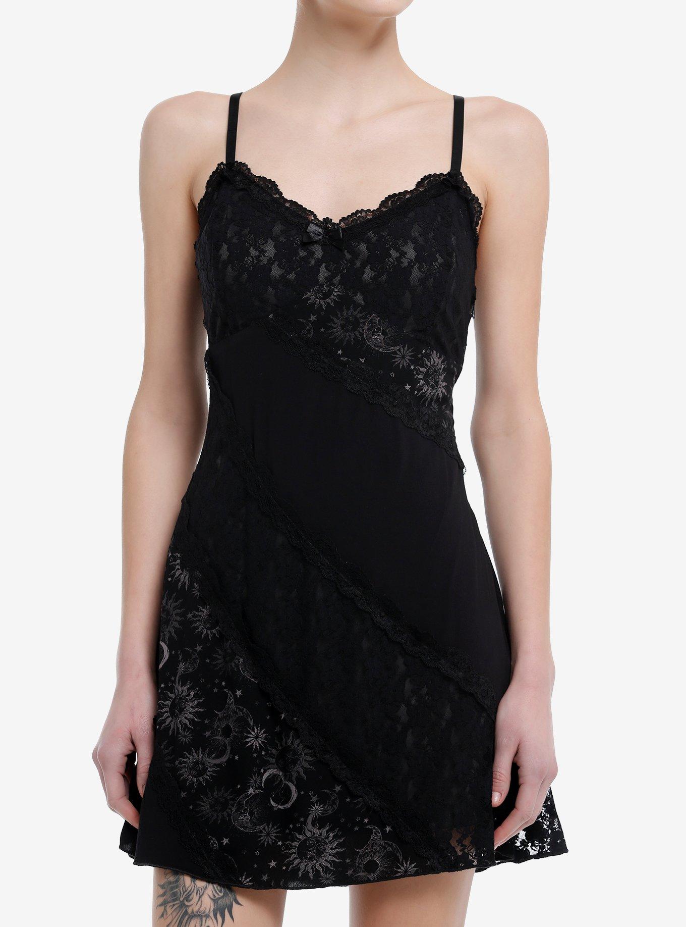 Black Celestial Lace Slip Dress, , hi-res