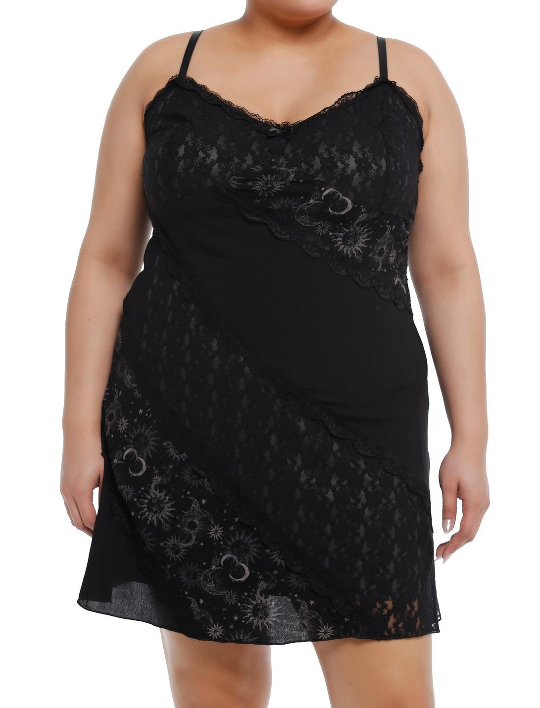 Black Celestial Lace Slip Dress Plus Size, GREY, hi-res