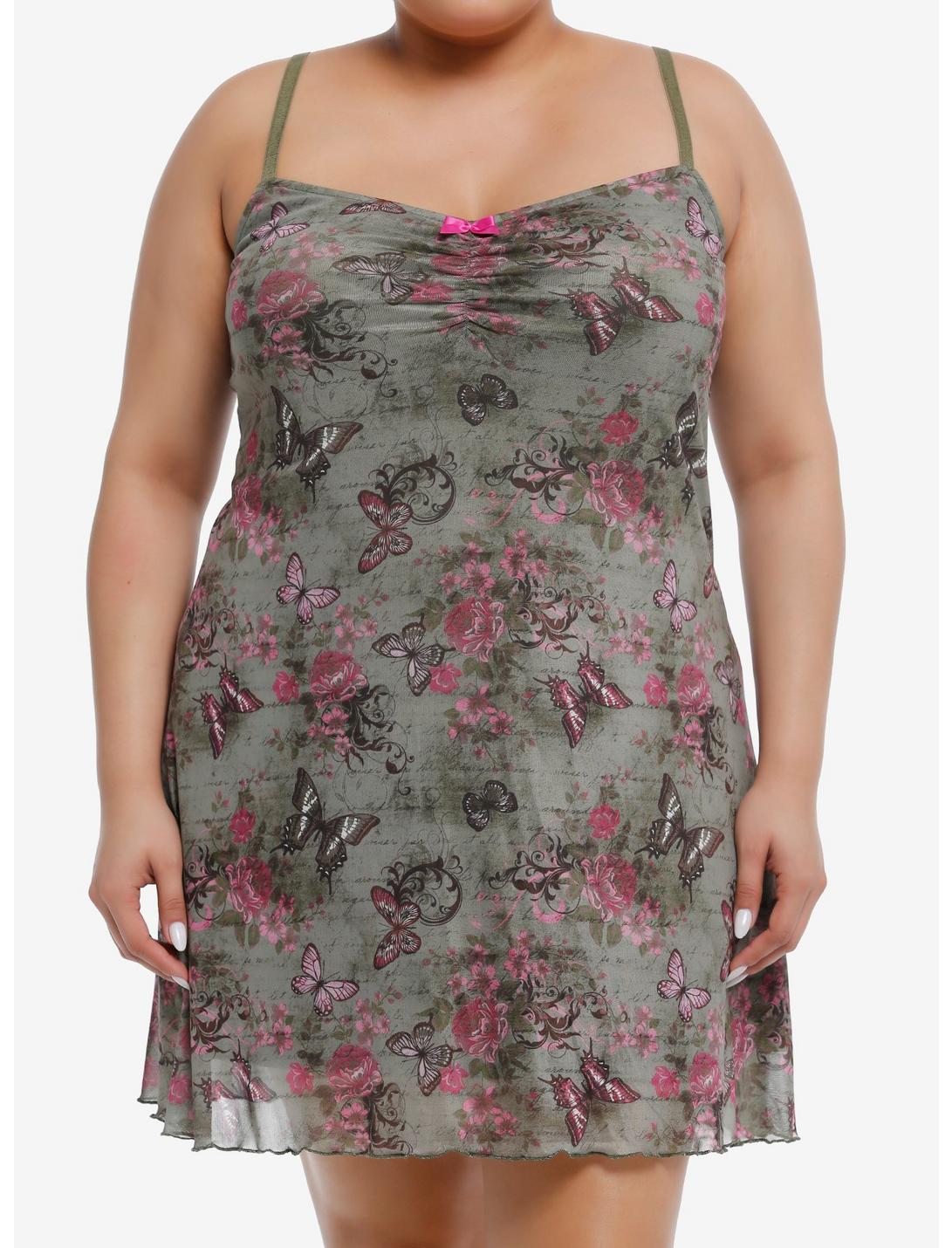 Sweet Society Pink & Green Butterfly Mesh Cami Dress Plus Size, PINK, hi-res
