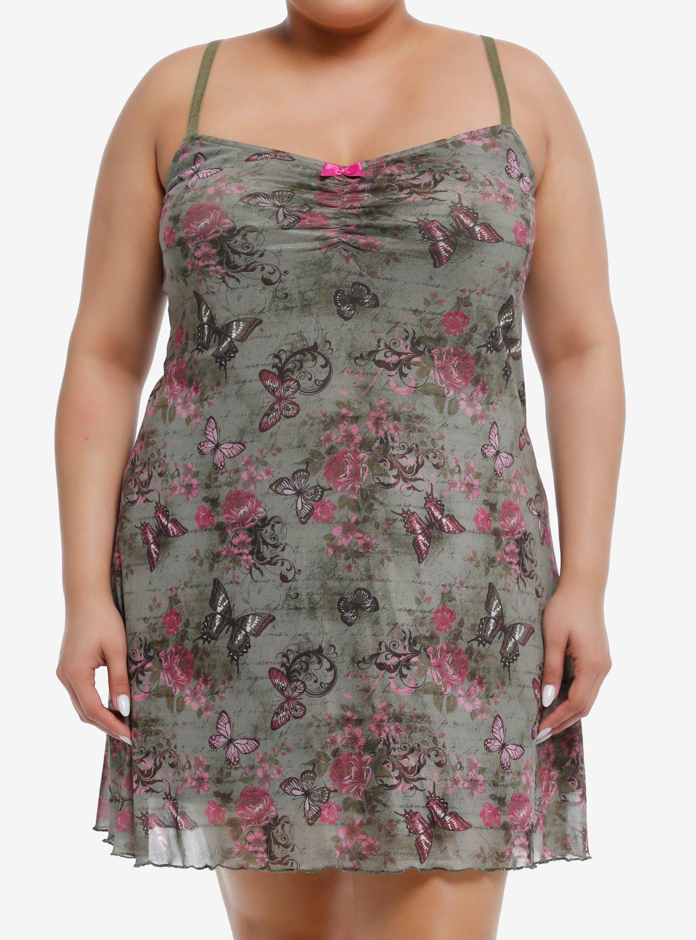 Sweet Society Pink & Green Butterfly Mesh Cami Dress Plus Size, PINK, hi-res