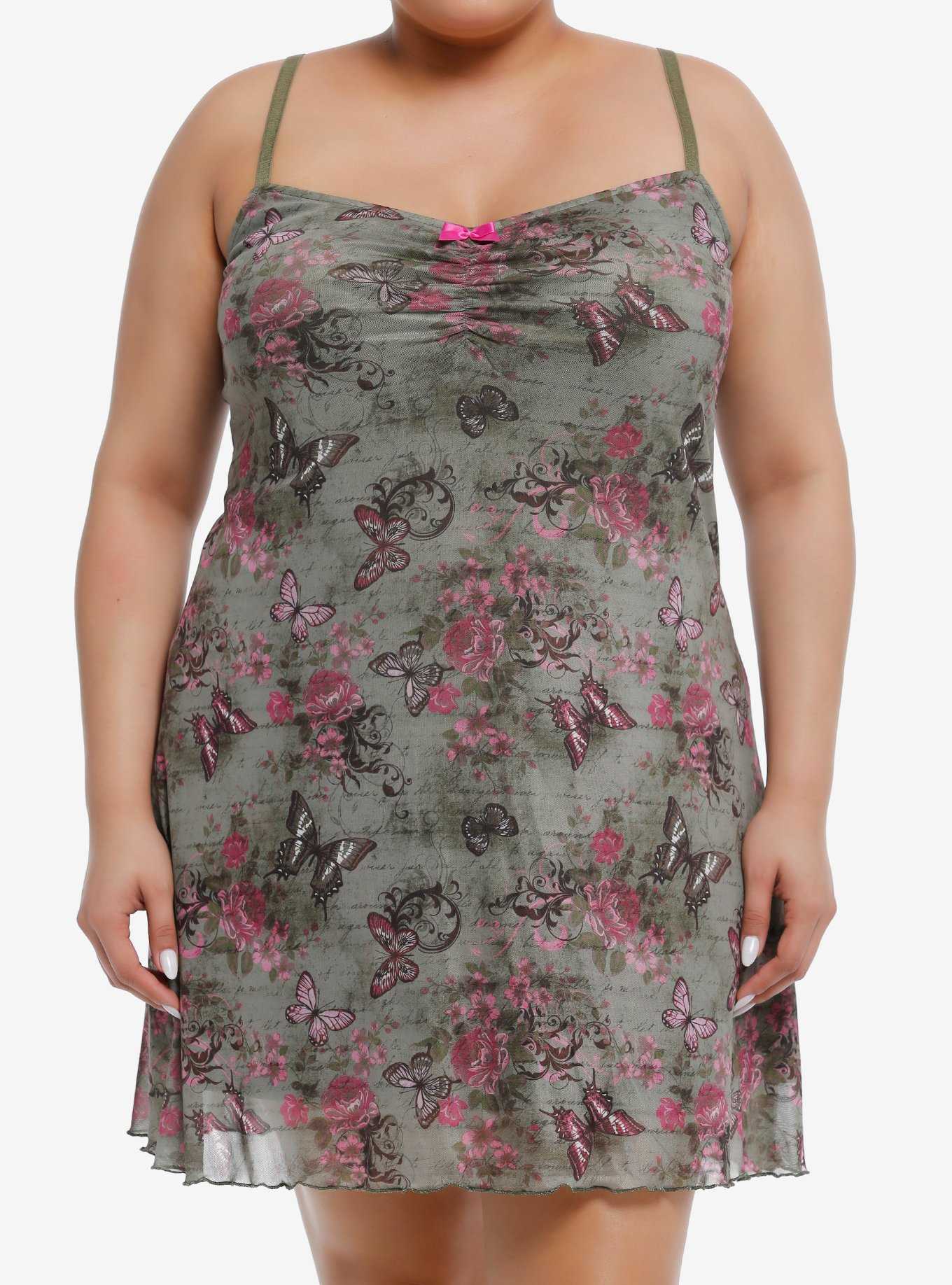 Sweet Society Pink & Green Butterfly Mesh Cami Dress Plus Size, , hi-res