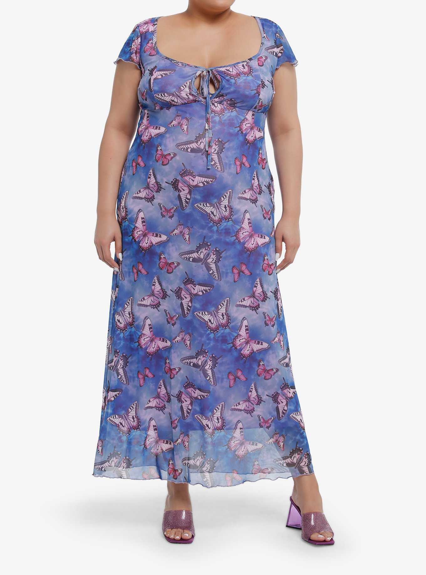 Sweet Society Blue Butterfly Mesh Midi Dress Plus Size, , hi-res