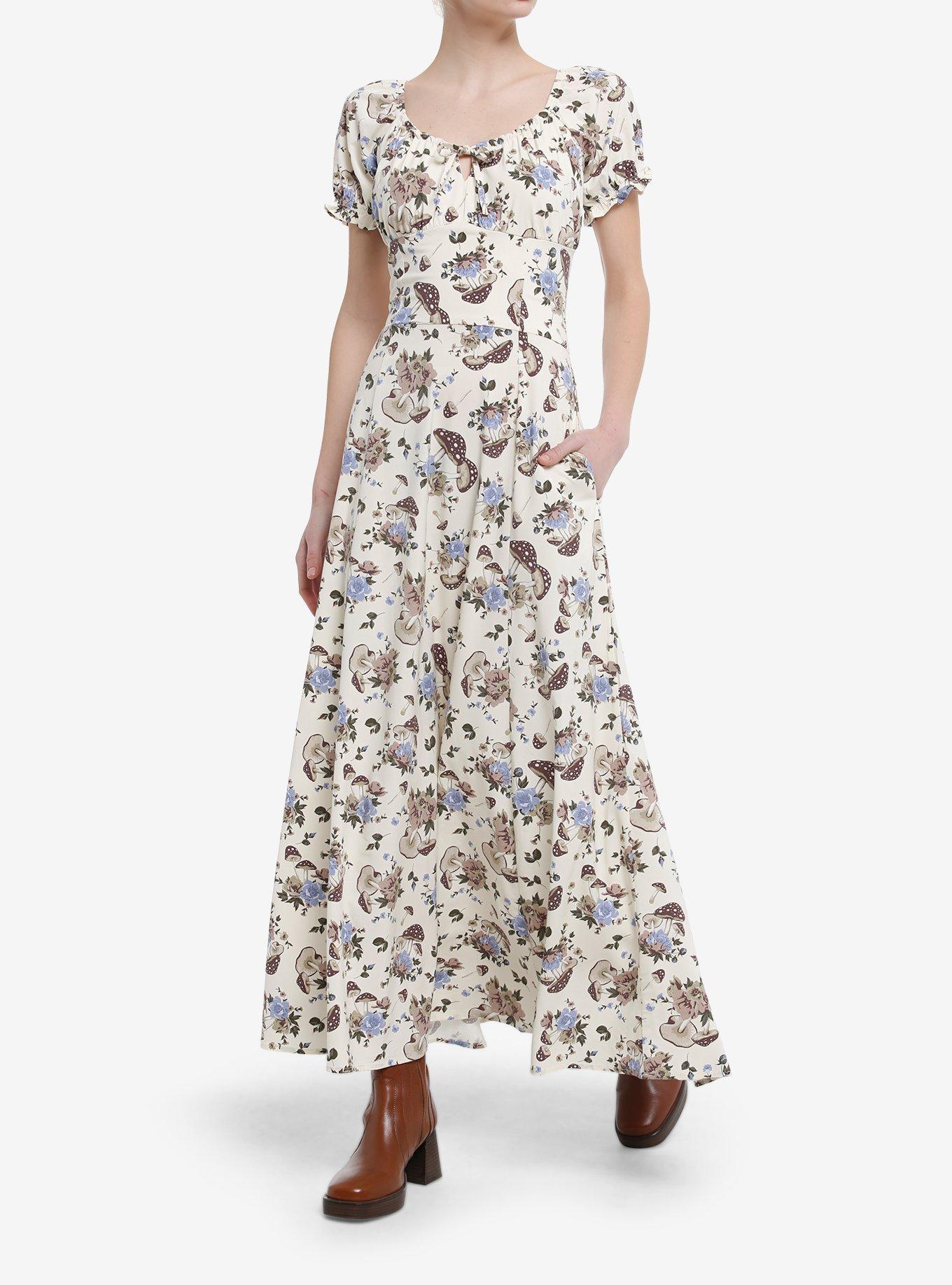 Thorn & Fable Mushroom Flower Empire Maxi Dress, BROWN, hi-res