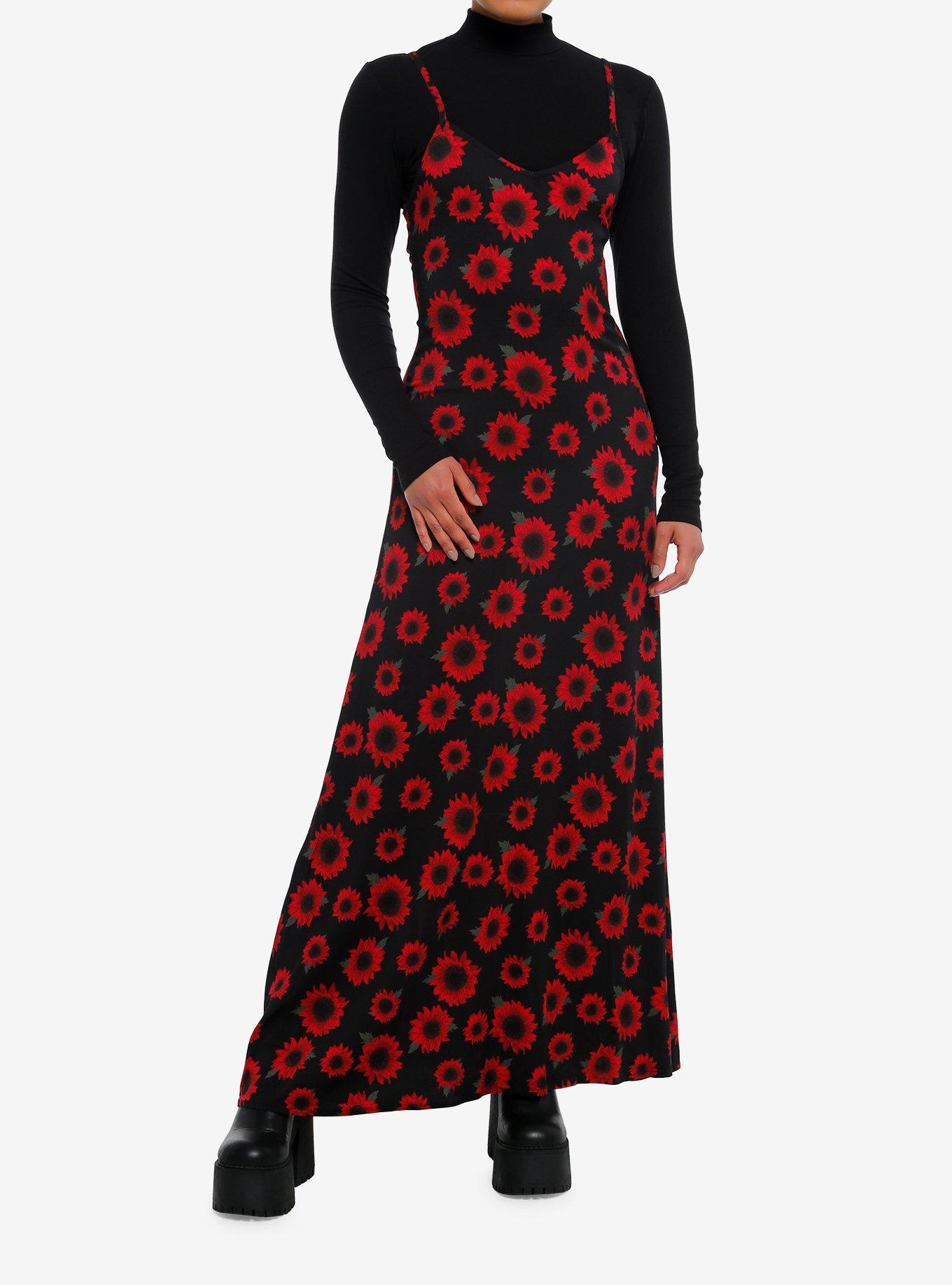Black & Red Flower Twofer Turtleneck Maxi Dress, , hi-res
