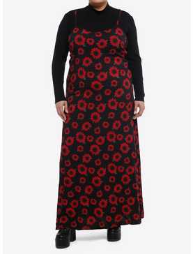 Black & Red Flower Twofer Turtleneck Maxi Dress Plus Size, , hi-res