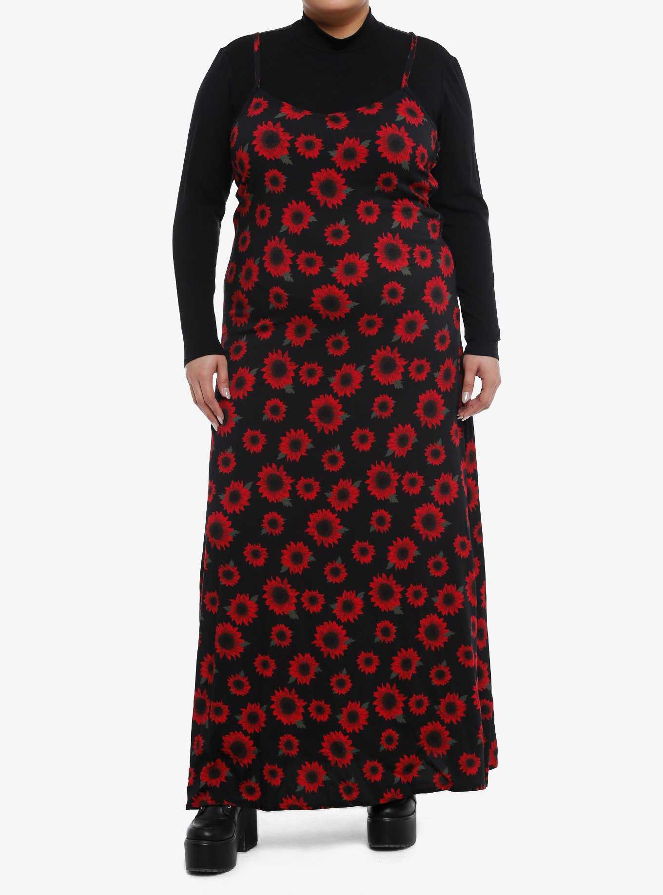 Black & Red Flower Twofer Turtleneck Maxi Dress Plus Size, , hi-res