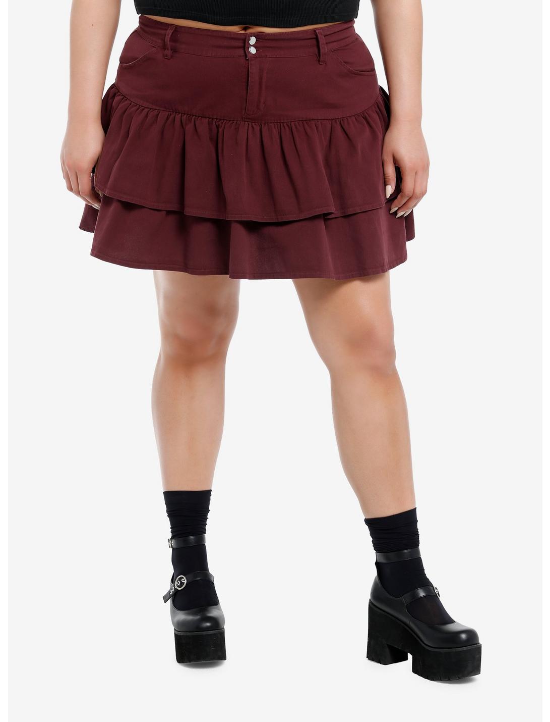 Burgundy Tiered Ruffle Skirt Plus Size, KHAKI, hi-res