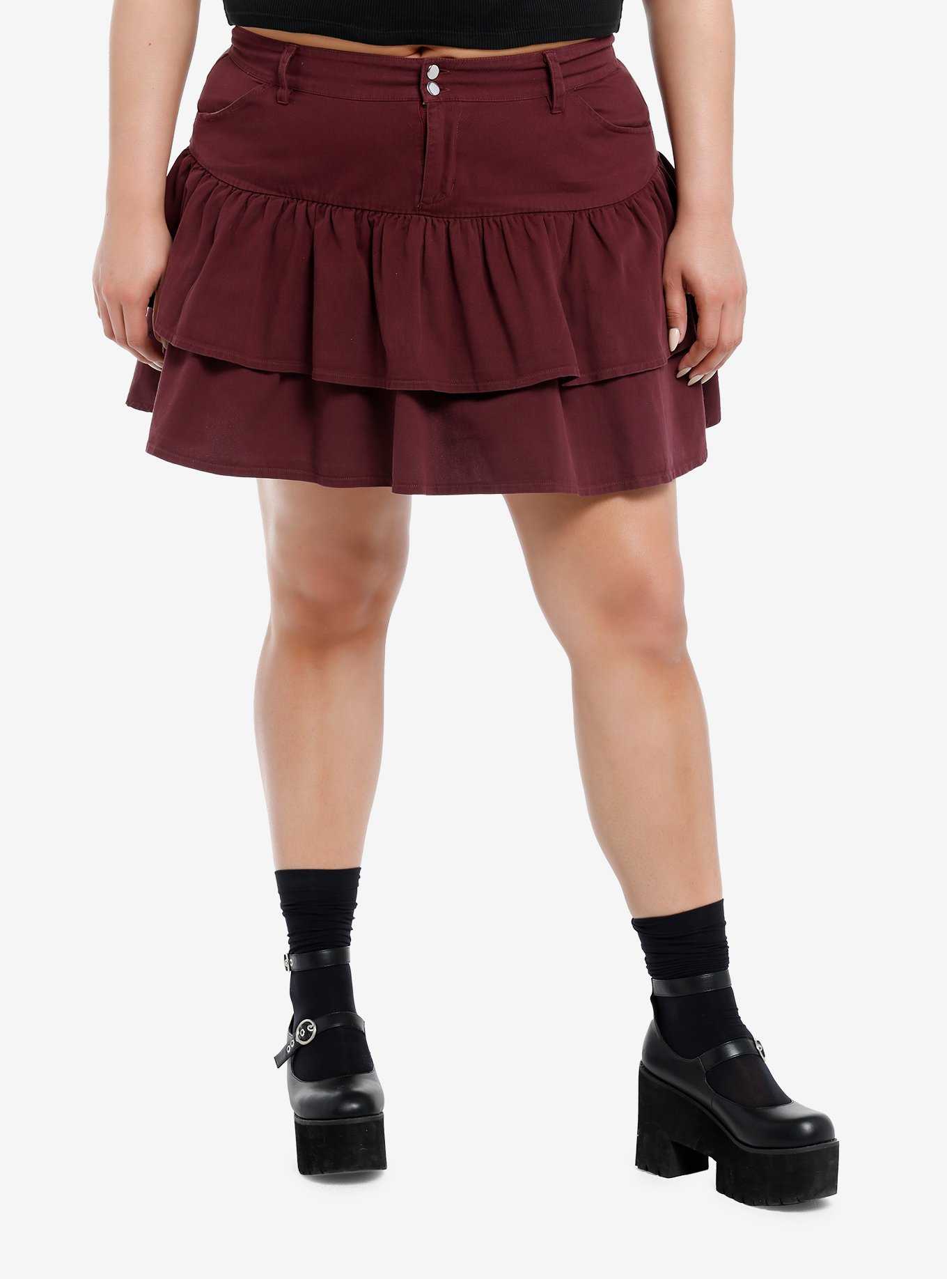 Burgundy Tiered Ruffle Skirt Plus Size, , hi-res