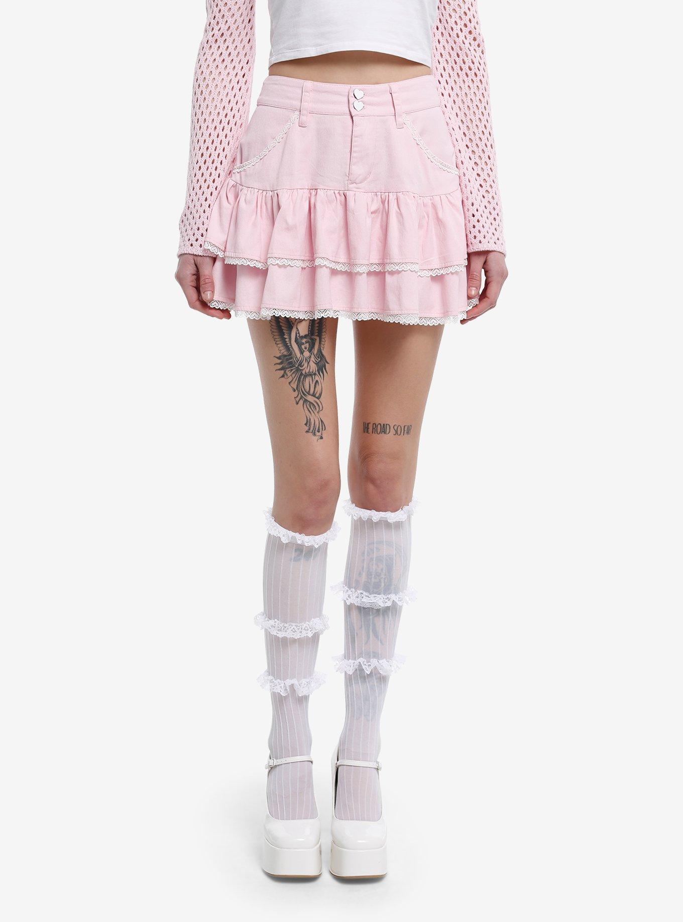Pink Heart Lace Tiered Ruffle Skirt