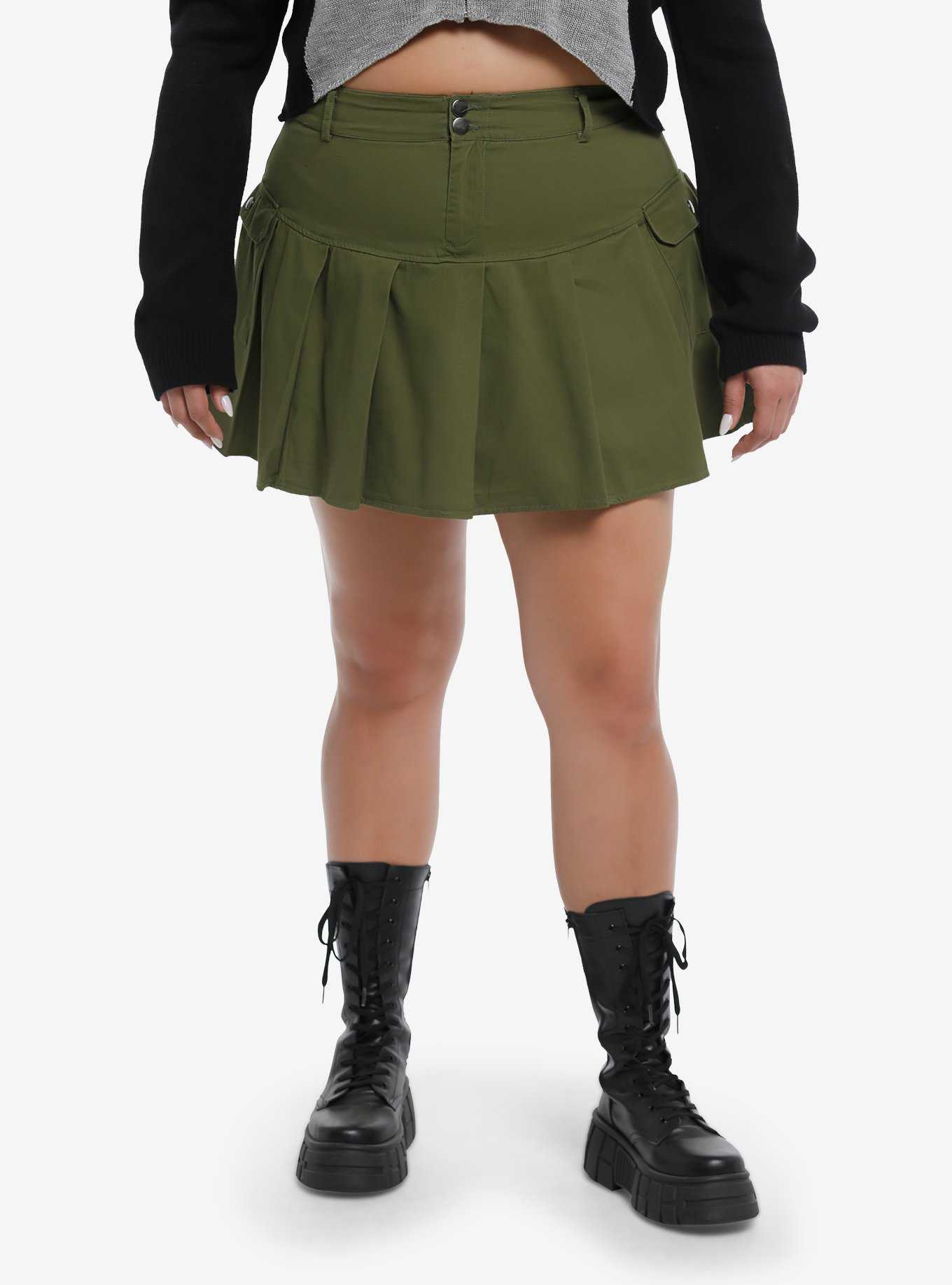 Green Cargo Pleated Skirt Plus Size, , hi-res