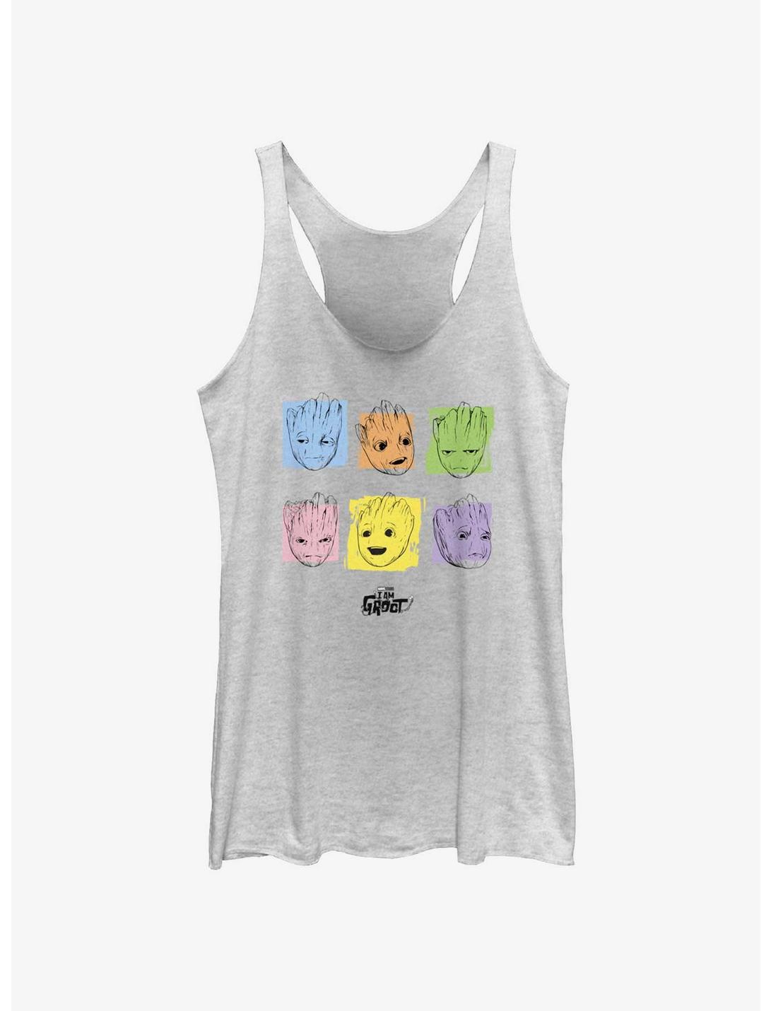 Marvel Guardians Of The Galaxy I Am Groot Colors Faces Girls Raw Edge Tank, WHITE HTR, hi-res
