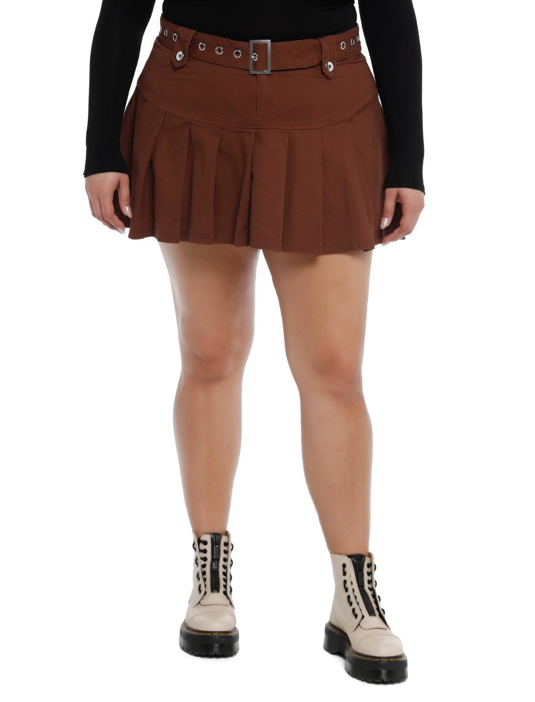 Brown Low-Rise Button Skirt With Belt Plus Size, BROWN, hi-res
