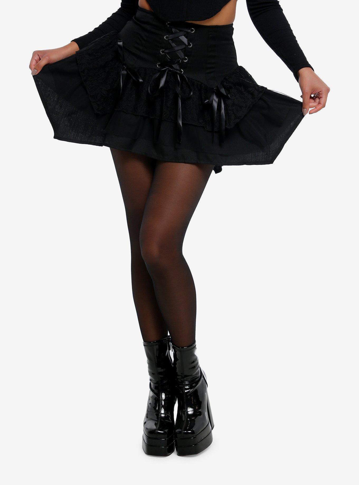 Black Lace-Up Tiered Hanky Hem Skirt