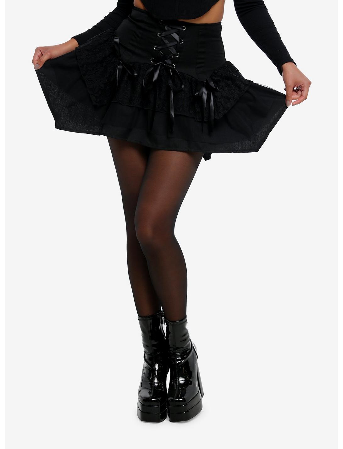 Black Lace-Up Tiered Hanky Hem Skirt, BLACK, hi-res