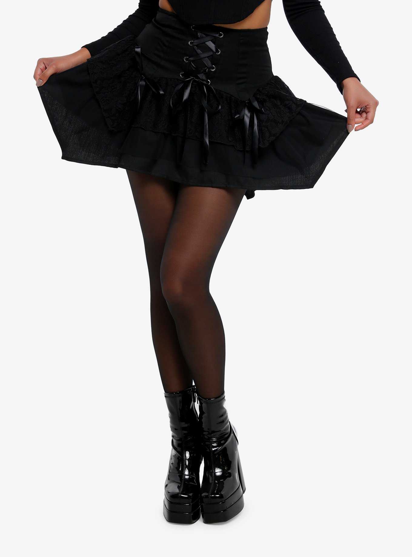 Black Lace-Up Tiered Hanky Hem Skirt, , hi-res