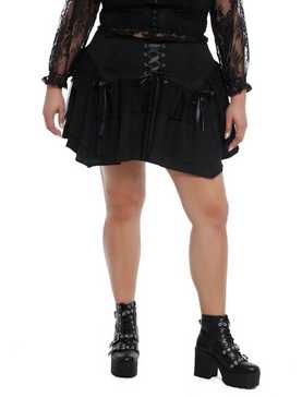 Black Lace-Up Tiered Hanky Hem Skirt Plus Size, , hi-res