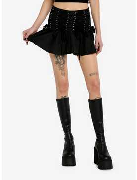 Black Lace-Up Waistband Pleated Mini Skirt, , hi-res