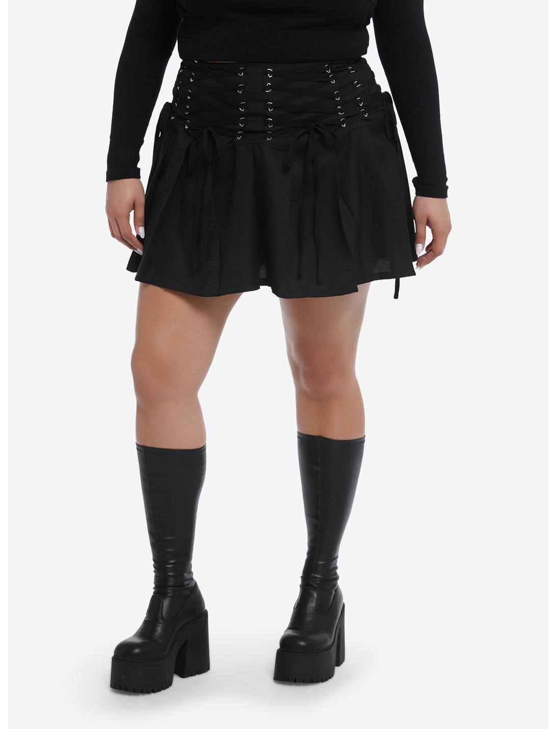 Black Lace-Up Waistband Pleated Mini Skirt Plus Size, BLACK, hi-res