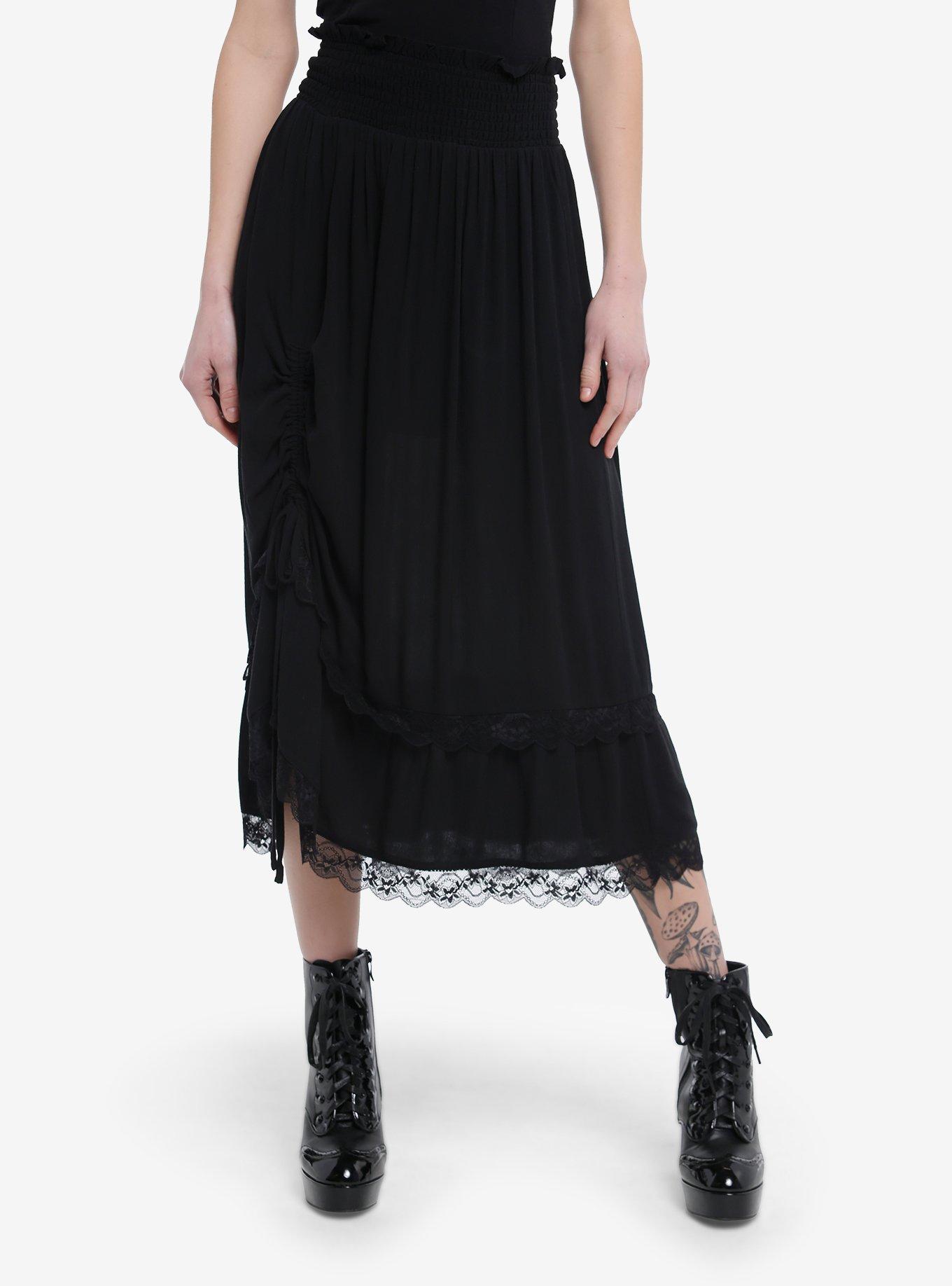 Black Lace Ruched Midi Skirt, BLACK, hi-res
