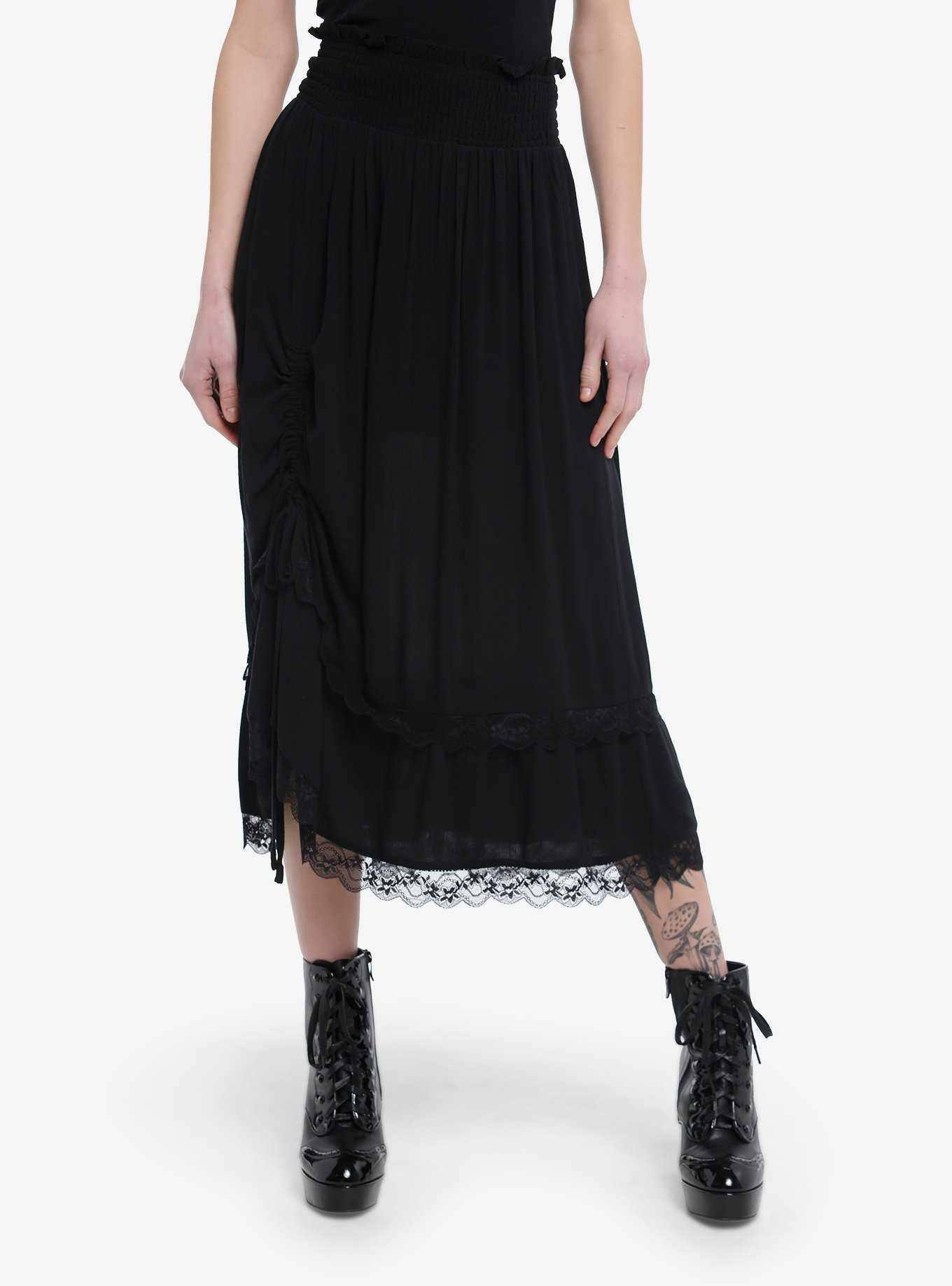 Black Lace Ruched Midi Skirt, , hi-res
