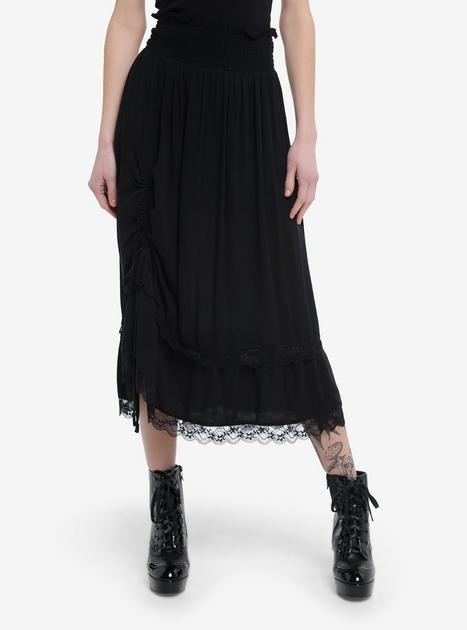 Black Lace Ruched Midi Skirt | Hot Topic