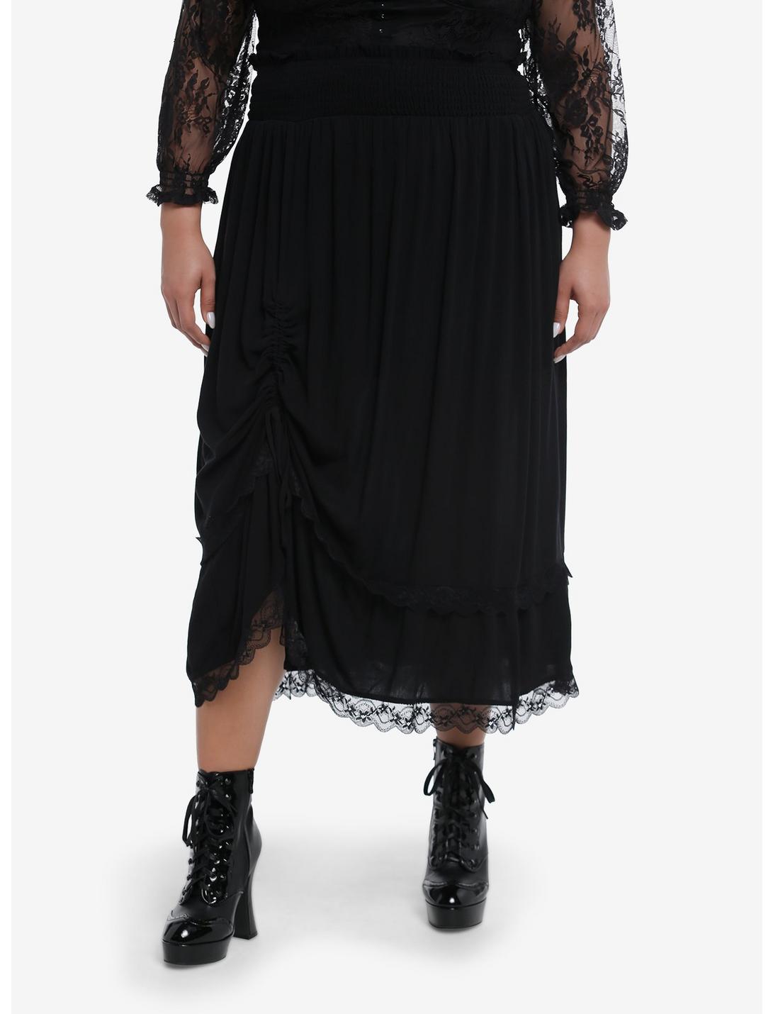 Black Lace Ruched Midi Skirt Plus Size, BLACK, hi-res