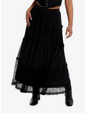 Black Lace Tiered Maxi Skirt, , hi-res
