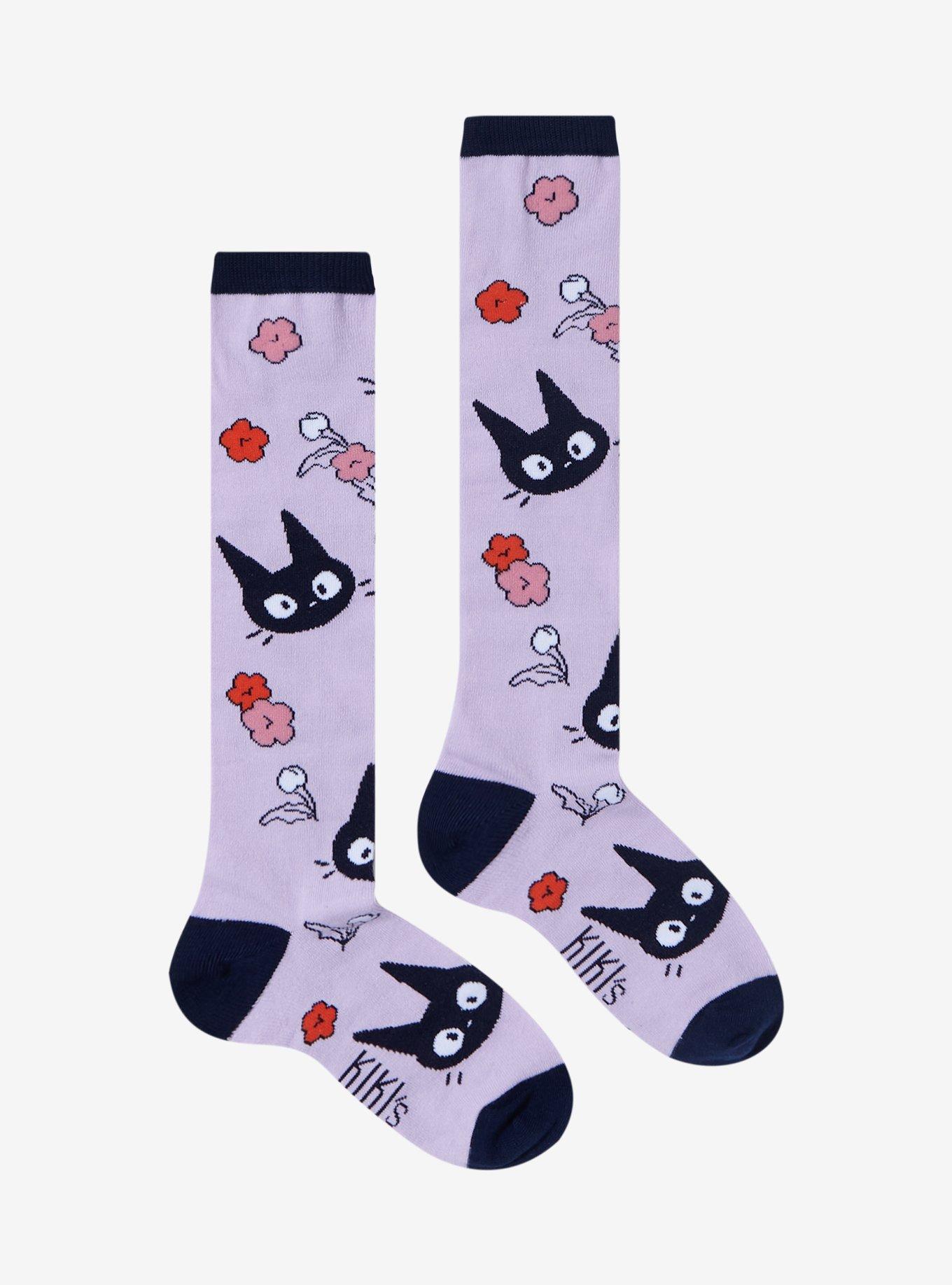 Studio Ghibli Kiki's Delivery Service Jiji Floral Lavender Knee-High Socks, , hi-res