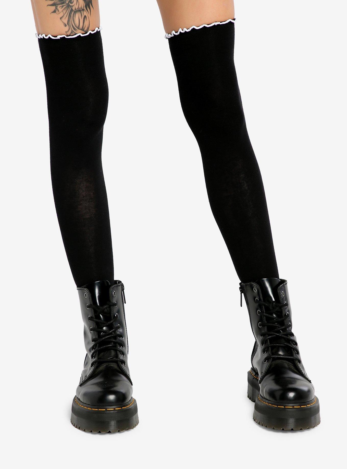 Black & White Lettuce Hem Knee-High Socks, , hi-res