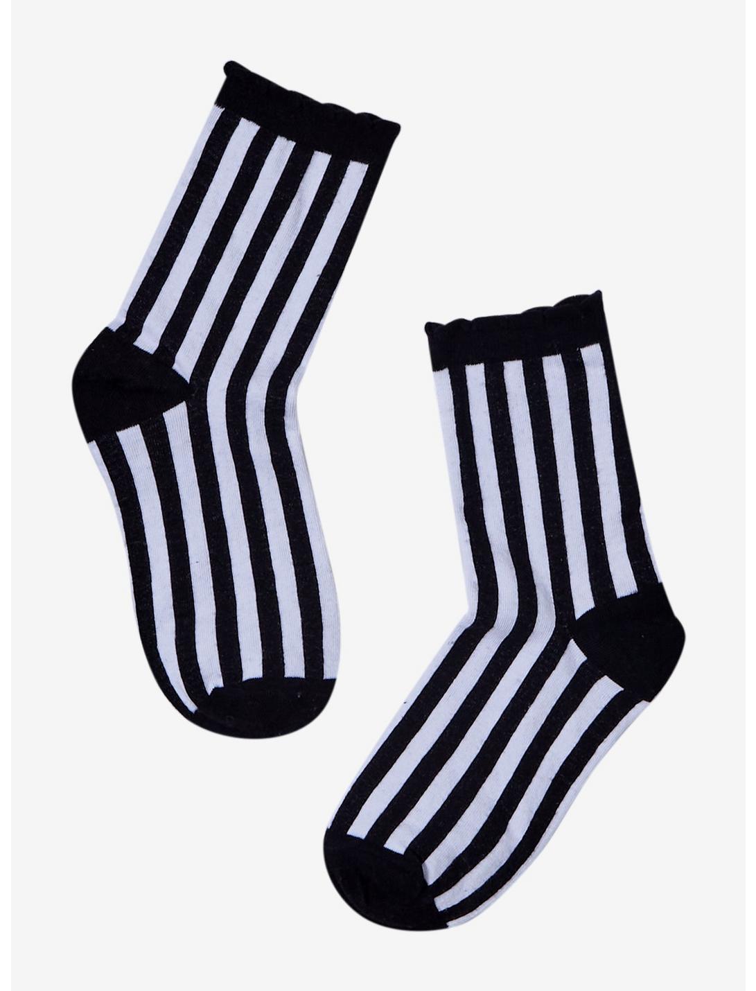 Black & White Pinstripe Lettuce Trim Ankle Socks, , hi-res