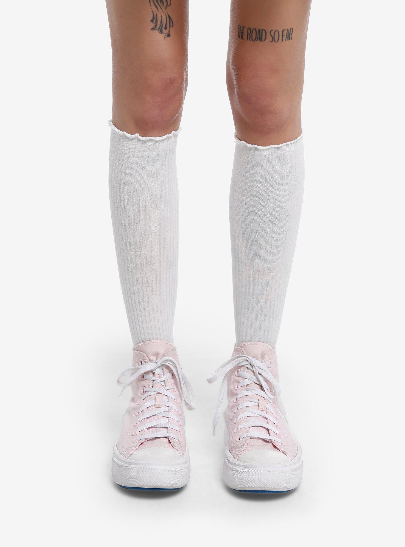 White Lettuce Hem Knee-High Socks, , hi-res