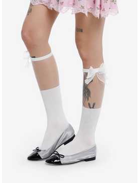 White Sheer Bow Knee-High Socks, , hi-res