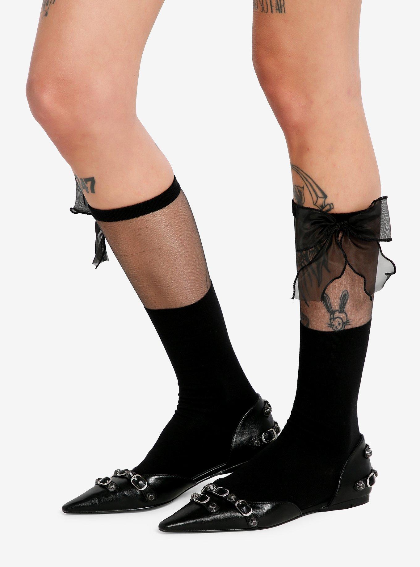 Hot Topic Black Mesh Bow Knee-High Socks