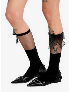 Black Mesh Bow Knee-High Socks, , hi-res