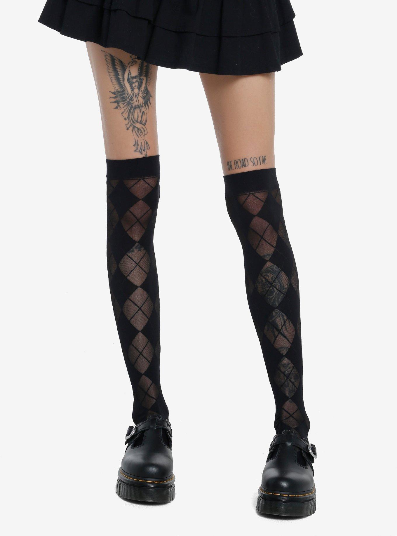 Black Argyle Thigh Highs, , hi-res